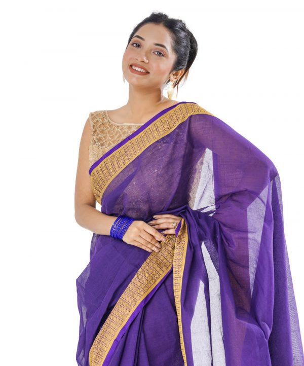 Purple Cotton Saree with contrast golden thread woven paar.