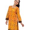 Yellow all-over printed straight-cut Kameez in Viscose fabric. Features a round neck and long sleeves. Embellished with embroidery at the front. Patch attachment at the cuffs and hemline.