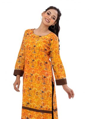 Yellow all-over printed straight-cut Kameez in Viscose fabric. Features a round neck and long sleeves. Embellished with embroidery at the front. Patch attachment at the cuffs and hemline.