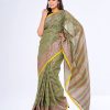 Green all-over printed Cotton Saree with yellow border.