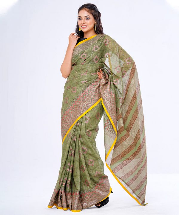 Green all-over printed Cotton Saree with yellow border.