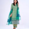 Green all-over printed Salwar Kameez in Crepe fabric. The Kameez is designed with a round neck and three-quarter sleeves. Embellished with embroidery at the top front. Detailed with decorative pin tucks, lace and embroidery organza attachment at the cuffs and hemline. Single button opening at the back. Complemented by culottes pants with printed border and half-silk dupatta.