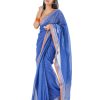 Ocean Blue Cotton Saree with contrast golden and silver thread woven paar.