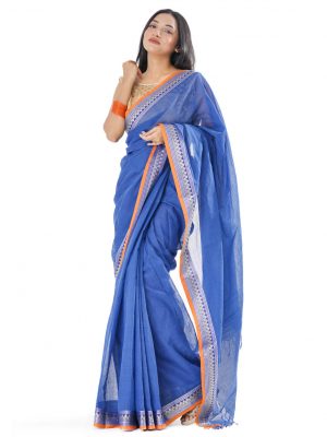 Ocean Blue Cotton Saree with contrast golden and silver thread woven paar.