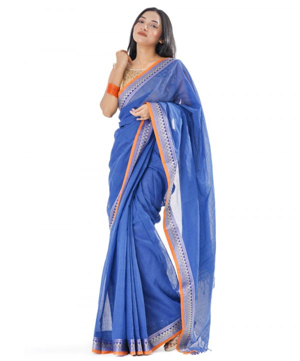 Ocean Blue Cotton Saree with contrast golden and silver thread woven paar.