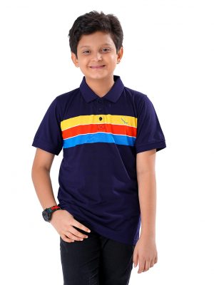 Navy Blue striped Polo Shirt in Mercerized Cotton Single Jersey fabric. Designed with a classic collar and short sleeves