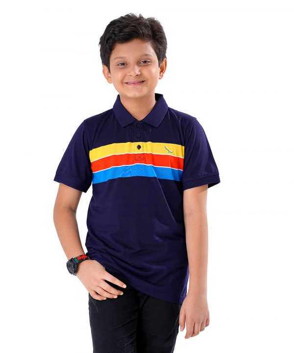 Navy Blue striped Polo Shirt in Mercerized Cotton Single Jersey fabric. Designed with a classic collar and short sleeves