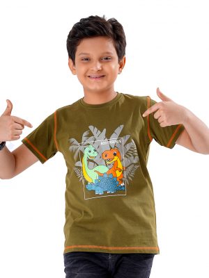 Olive Green T-Shirt in Cotton single jersey fabric. Designed with a crew neck, short sleeves and dragons print on the chest.