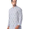 Gray all-over printed fitted Panjabi in Viscose fabric. Designed with swing stitches on the collar and a hidden button placket.