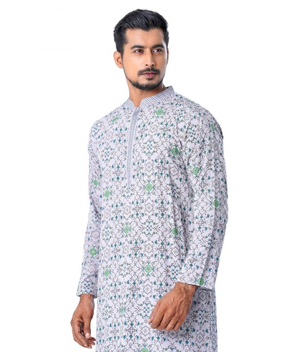 Gray all-over printed fitted Panjabi in Viscose fabric. Designed with swing stitches on the collar and a hidden button placket.