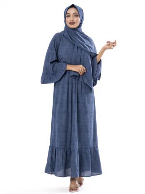Gray Abaya in printed Georgette fabric. Designed with a round neck and dolman sleeves. Paired with printed Georgette hijab.