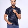 Blue stripe Polo in Cotton Pique fabric. Designed with a classic collar and short sleeves.