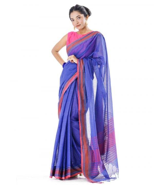 Blue Cotton Saree with contrast thread woven paar