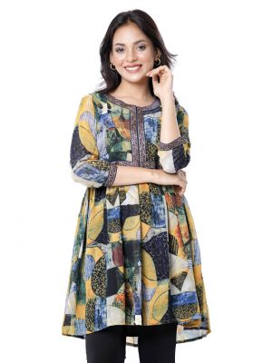 Multi-color A-line Tunic in printed Georgette fabric. Designed with a round neck and three-quarter sleeves. Embellished with printed patch attachment at the top front and cuffs. Pleats from the waistline.