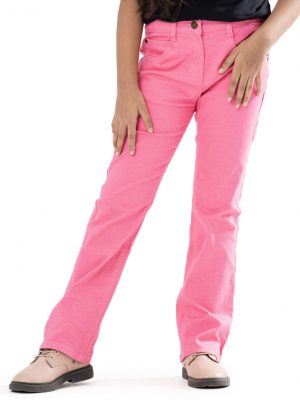 Pink woven pants in twill fabric. Five pockets, button fastening on the front & zipper fly.