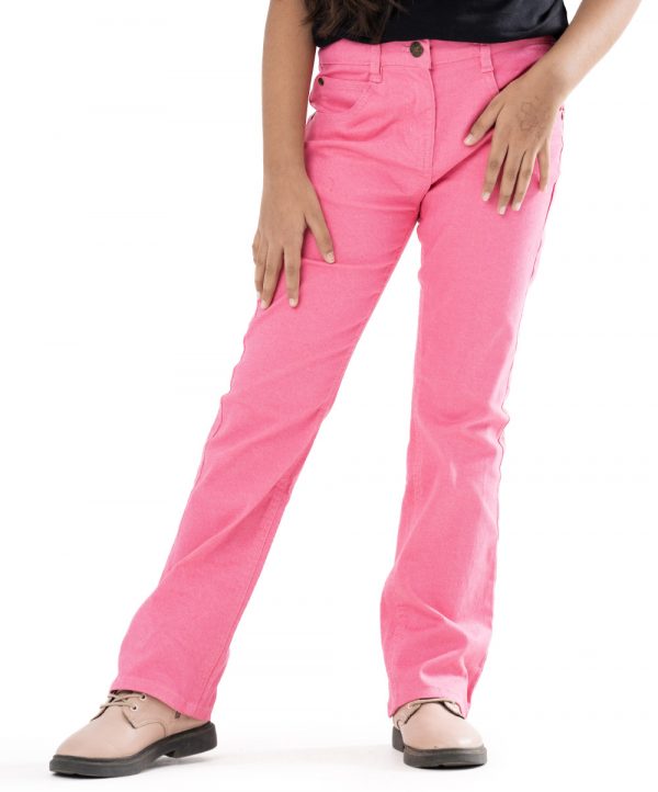 Pink woven pants in twill fabric. Five pockets, button fastening on the front & zipper fly.