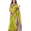 Green Cotton Saree with contrast golden and blue thread woven paar.