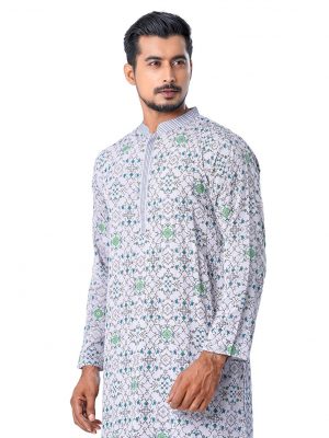 Gray all-over printed semi-fitted Panjabi in Viscose fabric. Designed with swing stitches on the collar and a hidden button placket.
