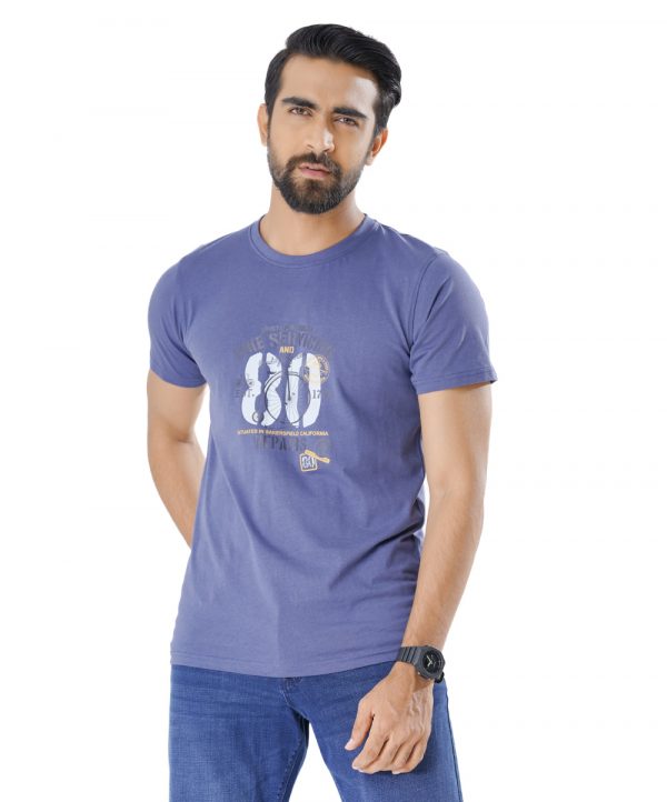 Blue T-Shirt in Cotton single jersey fabric. Designed with a crew neck, short sleeves and print on the chest.