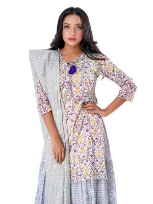 White all-over printed Salwar Kameez suit with a tiered-patterned long gown and printed Kameez as a layer. Designed with a tie-cord neckline and jeweled tassels on the slits. Complemented with printed half-silk dupatta and Pajamas.