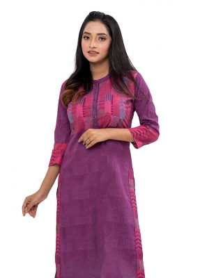Purple all-over printed straight-cut Kameez in Georgette fabric. Features a band neck with button opening at the front and three-quarter sleeves. Embellished with embroidery at the top front. Printed patch attachment at the side slits. Unlined.