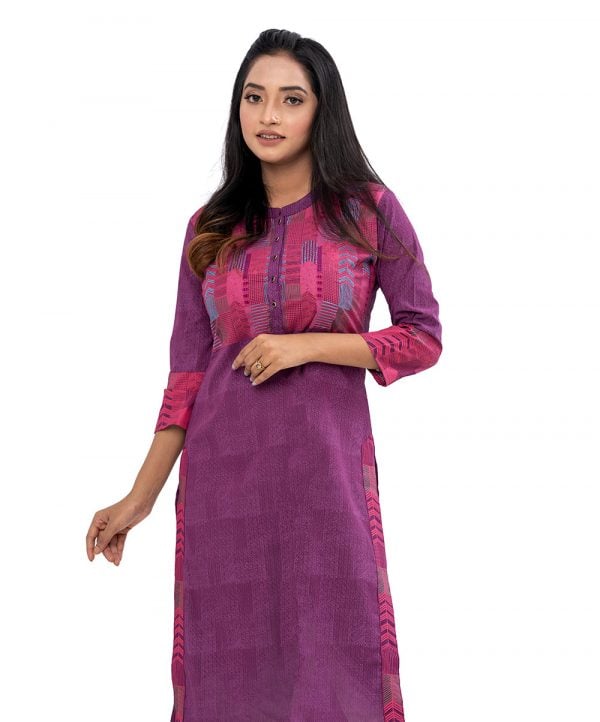 Purple all-over printed straight-cut Kameez in Georgette fabric. Features a band neck with button opening at the front and three-quarter sleeves. Embellished with embroidery at the top front. Printed patch attachment at the side slits. Unlined.