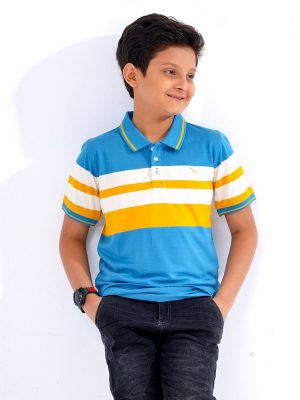 Blue striped Polo Shirt in Mercerized Cotton Single Jersey fabric. Designed with a classic collar and short sleeves