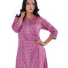 Onion Pink all-over printed Kameez in Viscose fabric. Features a band neck with hook closure at the front and three-quarter sleeves. Embellished with embroidery at the front