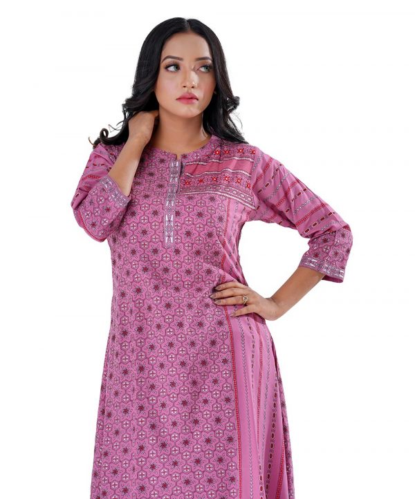 Onion Pink all-over printed Kameez in Viscose fabric. Features a band neck with hook closure at the front and three-quarter sleeves. Embellished with embroidery at the front