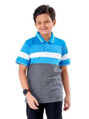 Blue and Gray striped Polo Shirt in Mercerized Cotton Single Jersey fabric. Designed with a classic collar and short sleeves