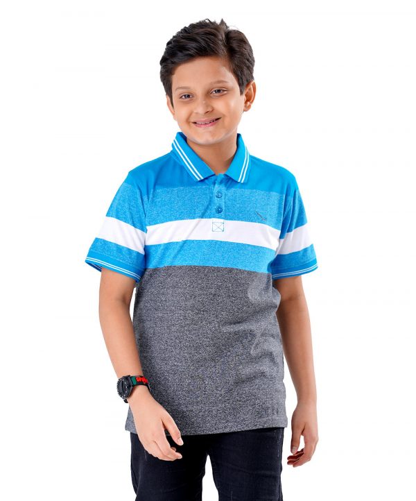 Blue and Gray striped Polo Shirt in Mercerized Cotton Single Jersey fabric. Designed with a classic collar and short sleeves