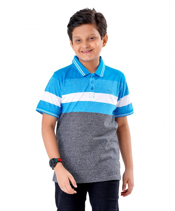 Blue and Gray striped Polo Shirt in Mercerized Cotton Single Jersey fabric. Designed with a classic collar and short sleeves