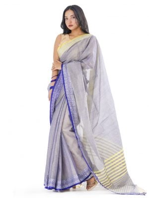 Gray Cotton Saree with contrast thread woven paar.