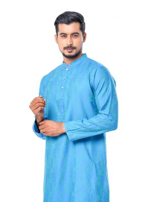 Blue semi-fitted Panjabi in Jacquard Cotton fabric. Designed with a mandarin collar and matching metal button on the placket.