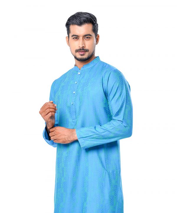 Blue semi-fitted Panjabi in Jacquard Cotton fabric. Designed with a mandarin collar and matching metal button on the placket.