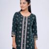 Green all-over printed straight-cut Kameez in Viscose fabric. Features a round neck with front button opening and three-quarter sleeves. Embellished with karchupi at the front and lace attachment at the cuffs. Stylized with pin tucks on the placket.