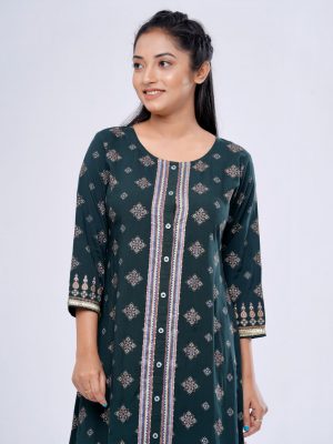 Green all-over printed straight-cut Kameez in Viscose fabric. Features a round neck with front button opening and three-quarter sleeves. Embellished with karchupi at the front and lace attachment at the cuffs. Stylized with pin tucks on the placket.