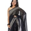 Black Cotton Saree with contrast golden thread woven paar.