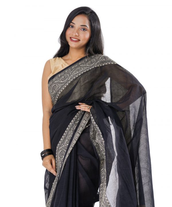 Black Cotton Saree with contrast golden thread woven paar.