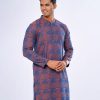Blue semi-fitted Panjabi in Jacquard Cotton fabric. Matching metal button opening on the chest.