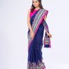 Blue all-over printed Cotton Saree with contrast purple borders.