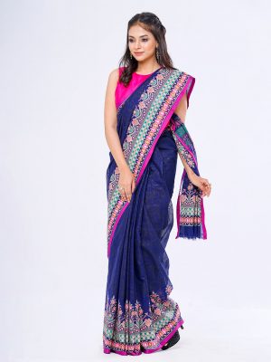 Blue all-over printed Cotton Saree with contrast purple borders.