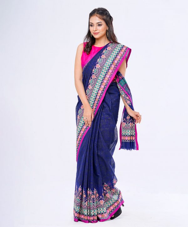 Blue all-over printed Cotton Saree with contrast purple borders.