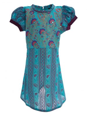 Turquoise green all-over printed A-line Tunic in Georgette fabric. Designed with a frilled round neck and puff sleeves. Embellished with karchupi at the top front. Single button opening at the back. Unlined.