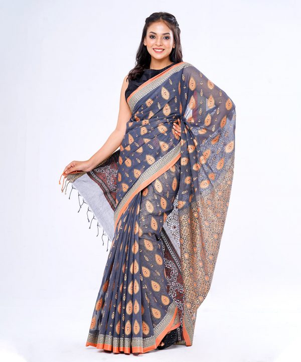 Gray all-over printed Cotton Saree with peach border.