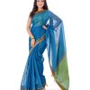 Peacock Blue Cotton Saree with contrast green paar and achal.