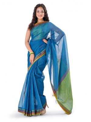 Peacock Blue Cotton Saree with contrast green paar and achal.
