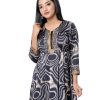 Black A-line long Tunic in printed Georgette fabric. Designed with a round tie-cord neck and three-quarter sleeves. Printed patch attachment at the top front, cuffs and hemline. Unlined.