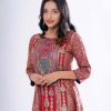 Maroon all-over printed A-line Woven Top in Viscose fabric. Designed with a round neck and three-quarter sleeves. Embellished with karchupi at the top front. Single button opening at the back.