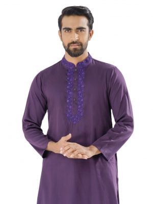 Purple premium Panjabi in Cotton fabric. Designed with karchupi on the collar and a hidden button placket.